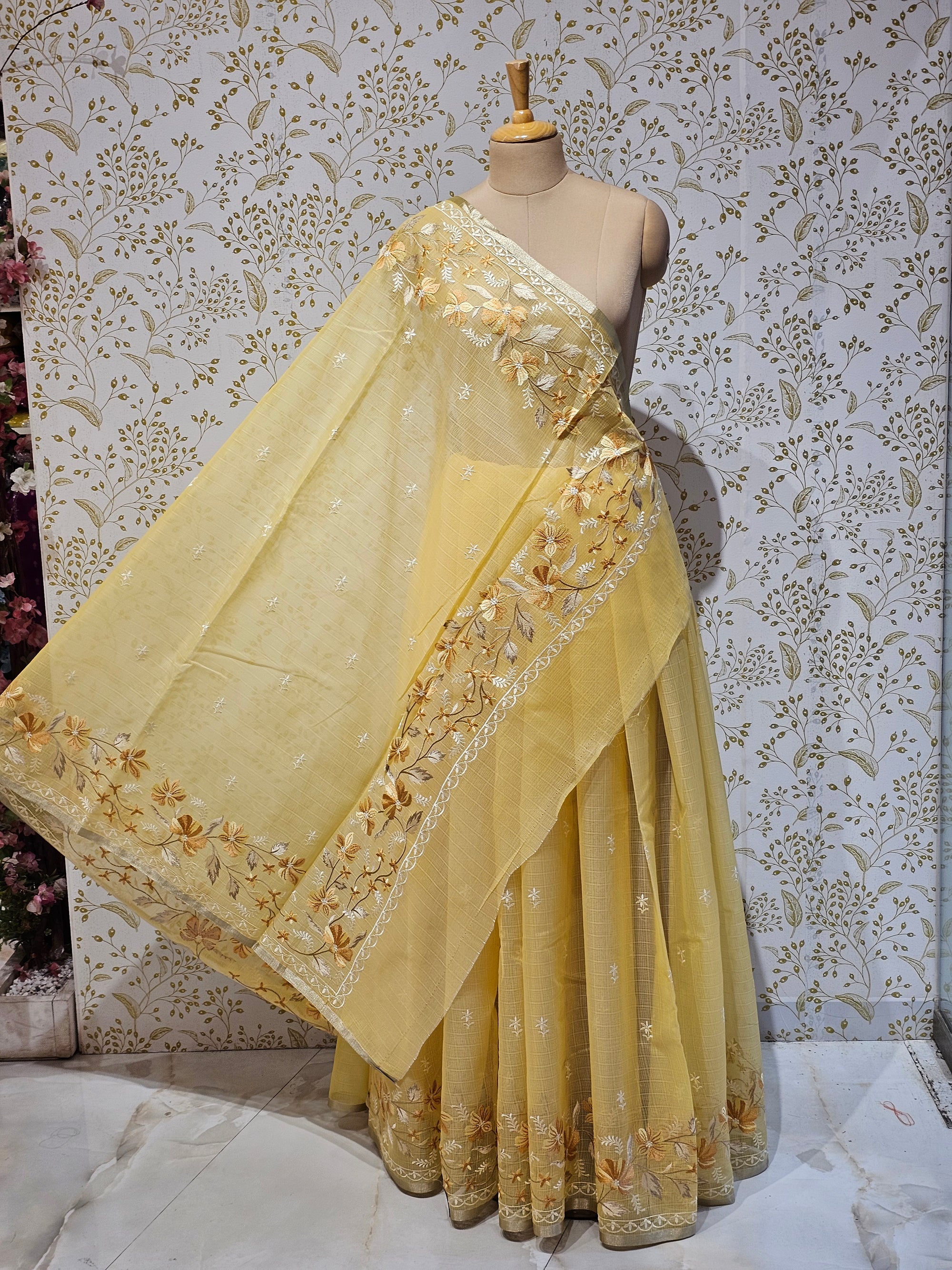 Kota Doriya Saree Floral Resham Embroidery Border with Designer Pallu