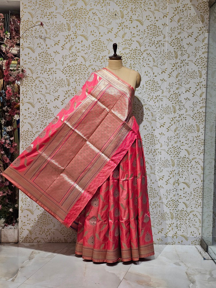 Banarasi Soft Silk Saree  Silver Golden Meenakari Jaal with Golden Jari Brocade Pallu