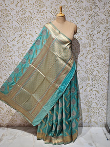 Banarasi Soft Silk Saree  Silver Golden Meenakari Jaal with Golden Jari Brocade Pallu