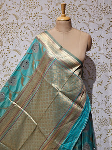 Banarasi Soft Silk Saree  Silver Golden Meenakari Jaal with Golden Jari Brocade Pallu