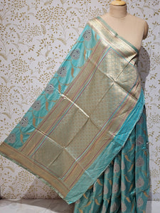 Banarasi Soft Silk Saree  Silver Golden Meenakari Jaal with Golden Jari Brocade Pallu
