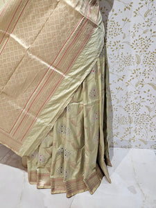 Banarasi Soft Silk Saree  Silver Golden Meenakari Jaal with Golden Jari Brocade Pallu