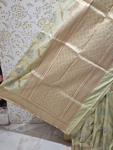 Banarasi Soft Silk Saree  Silver Golden Meenakari Jaal with Golden Jari Brocade Pallu