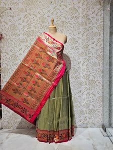 Banarasi Brocade Saree Tissue Silk with Multicolor Floral Border & Rich Pallu