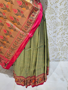 Banarasi Brocade Saree Tissue Silk with Multicolor Floral Border & Rich Pallu
