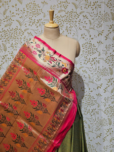 Banarasi Brocade Saree Tissue Silk with Multicolor Floral Border & Rich Pallu