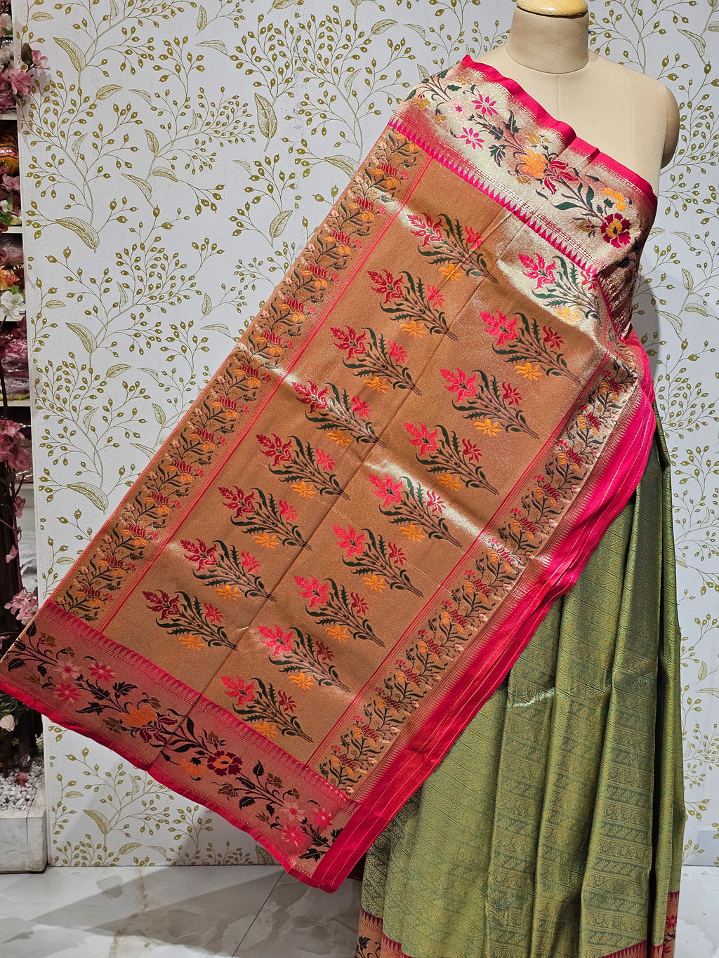 Banarasi Brocade Saree Tissue Silk with Multicolor Floral Border & Rich Pallu