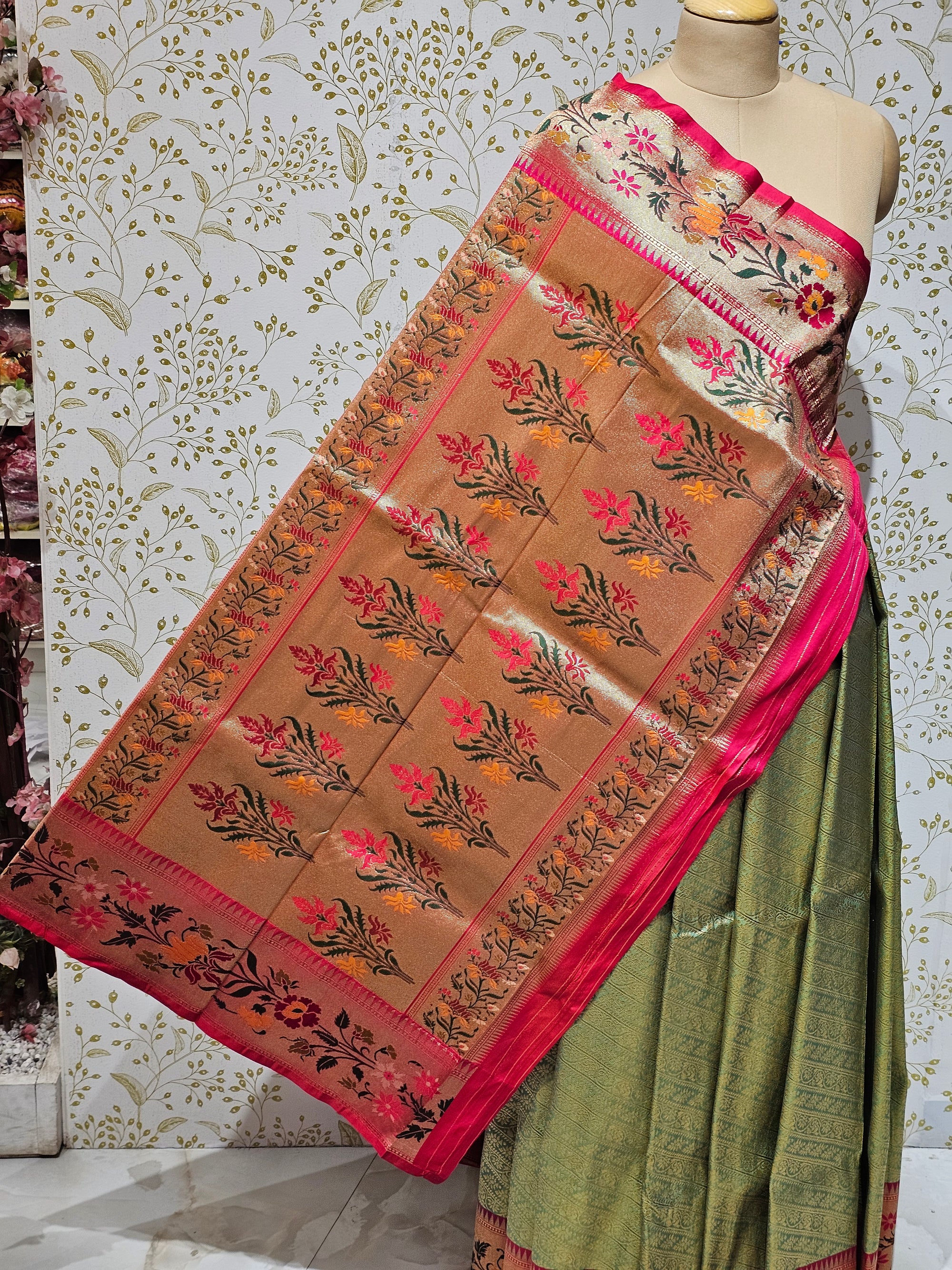 Banarasi Brocade Saree Tissue Silk with Multicolor Floral Border & Rich Pallu