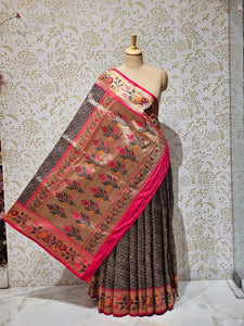 Banarasi Brocade Saree Tissue Silk with Multicolor Floral Border & Rich Pallu