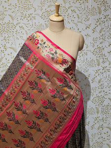 Banarasi Brocade Saree Tissue Silk with Multicolor Floral Border & Rich Pallu