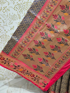 Banarasi Brocade Saree Tissue Silk with Multicolor Floral Border & Rich Pallu