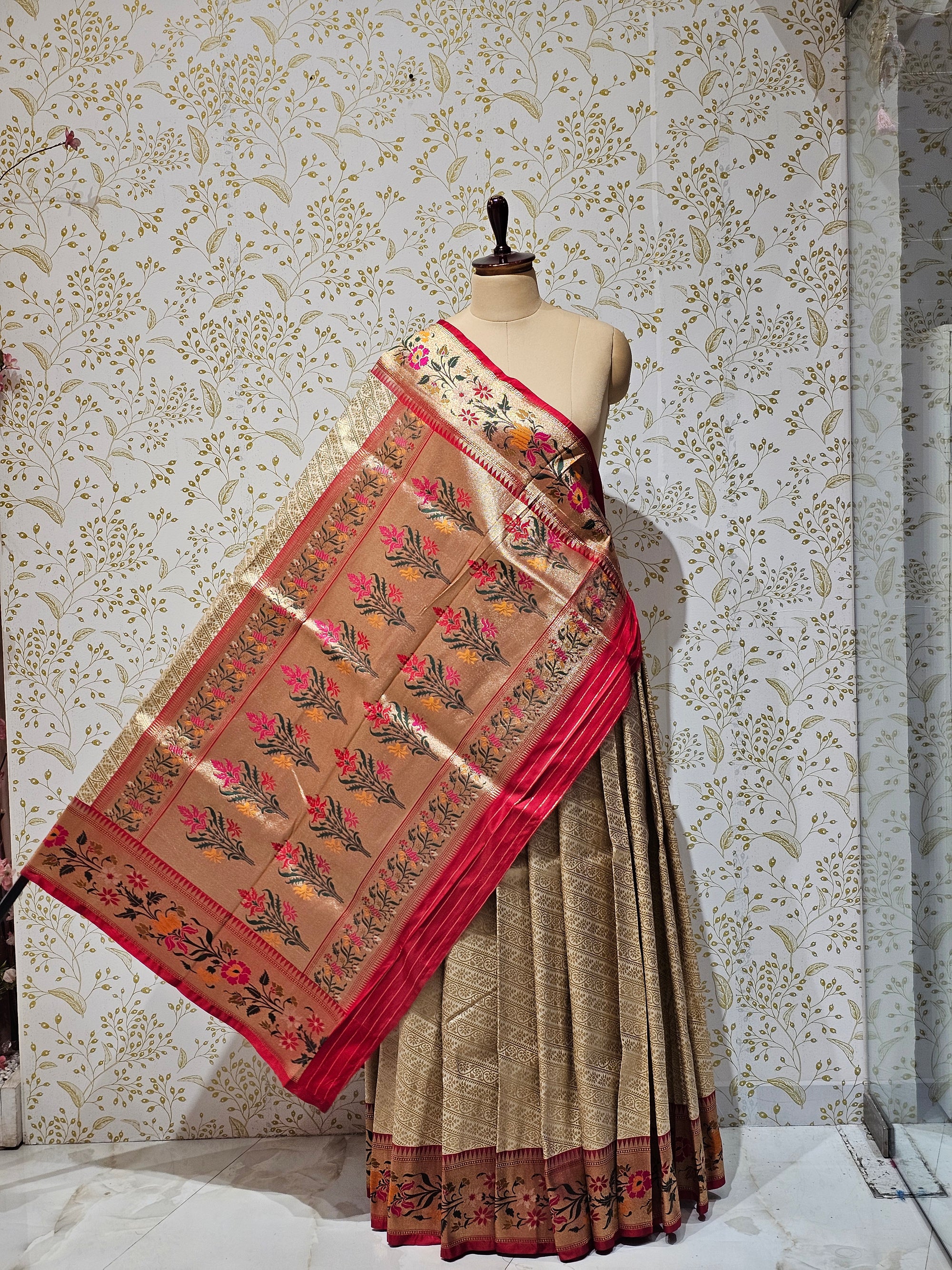 Banarasi Brocade Saree Tissue Silk with Multicolor Floral Border & Rich Pallu