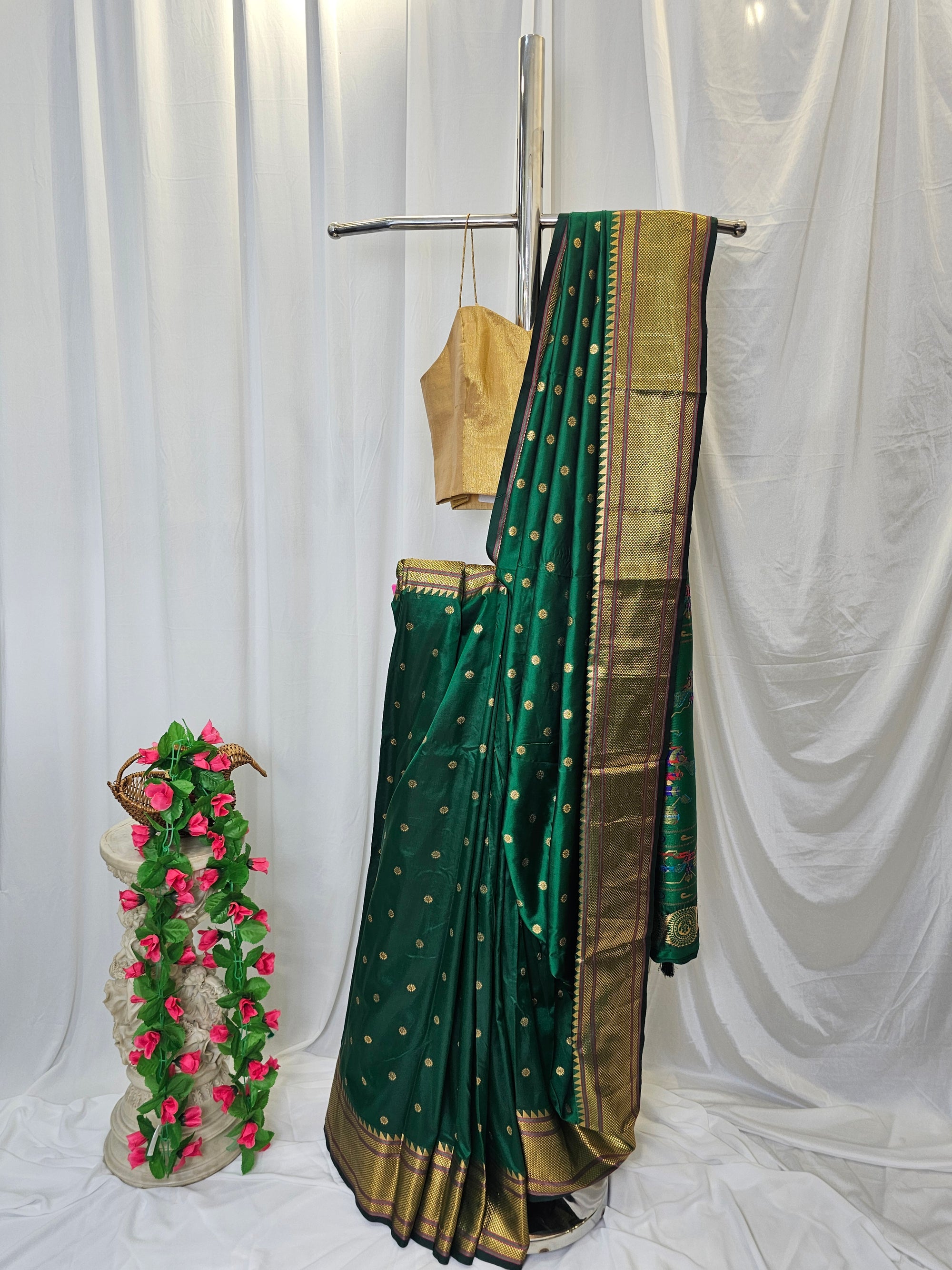 Green Semi-Silk Paithani Saree with Gold Zari Peacock & Narali Border  Traditional Maharashtrian Wedding Saree