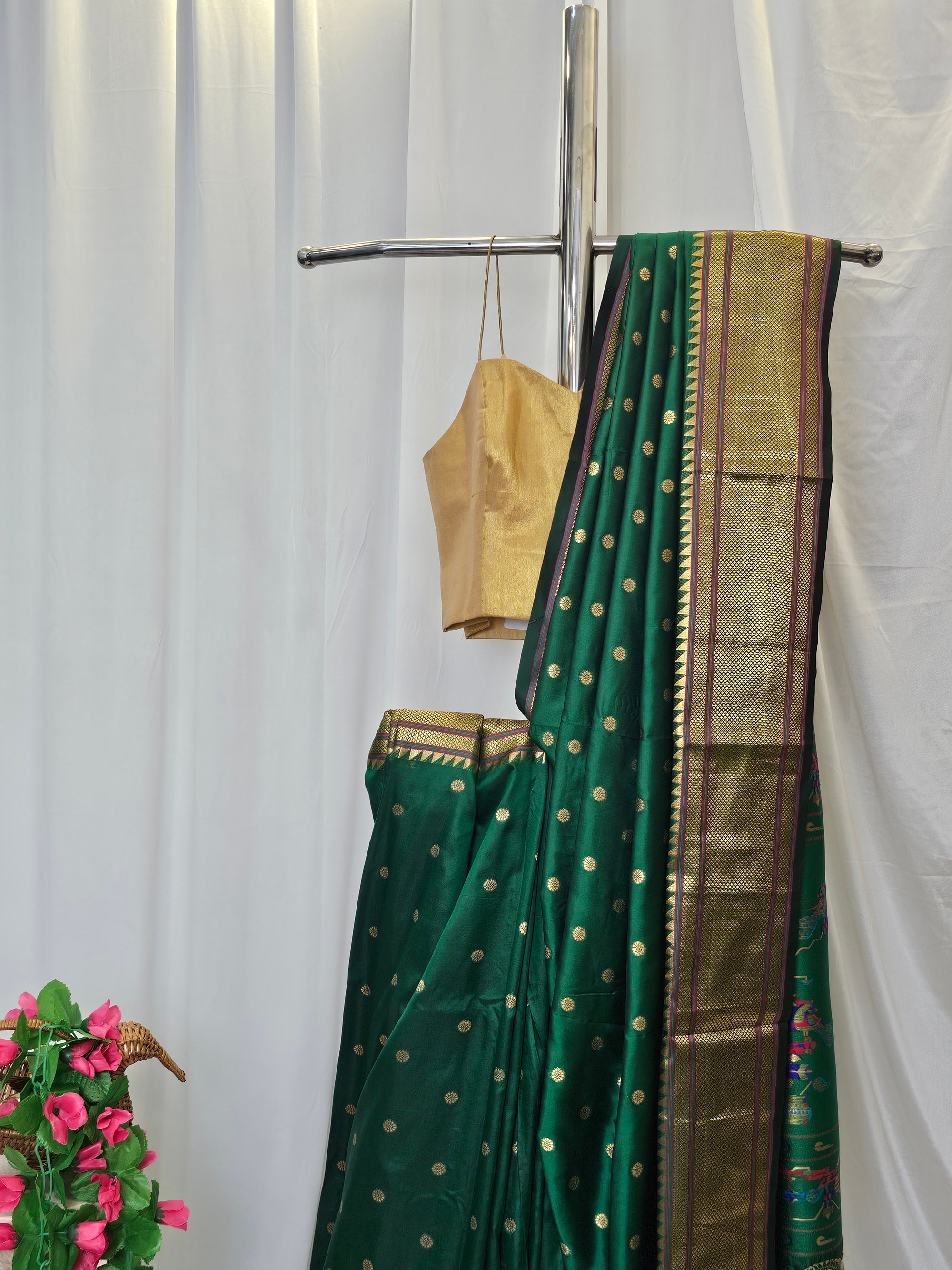 Green Semi-Silk Paithani Saree with Gold Zari Peacock & Narali Border  Traditional Maharashtrian Wedding Saree