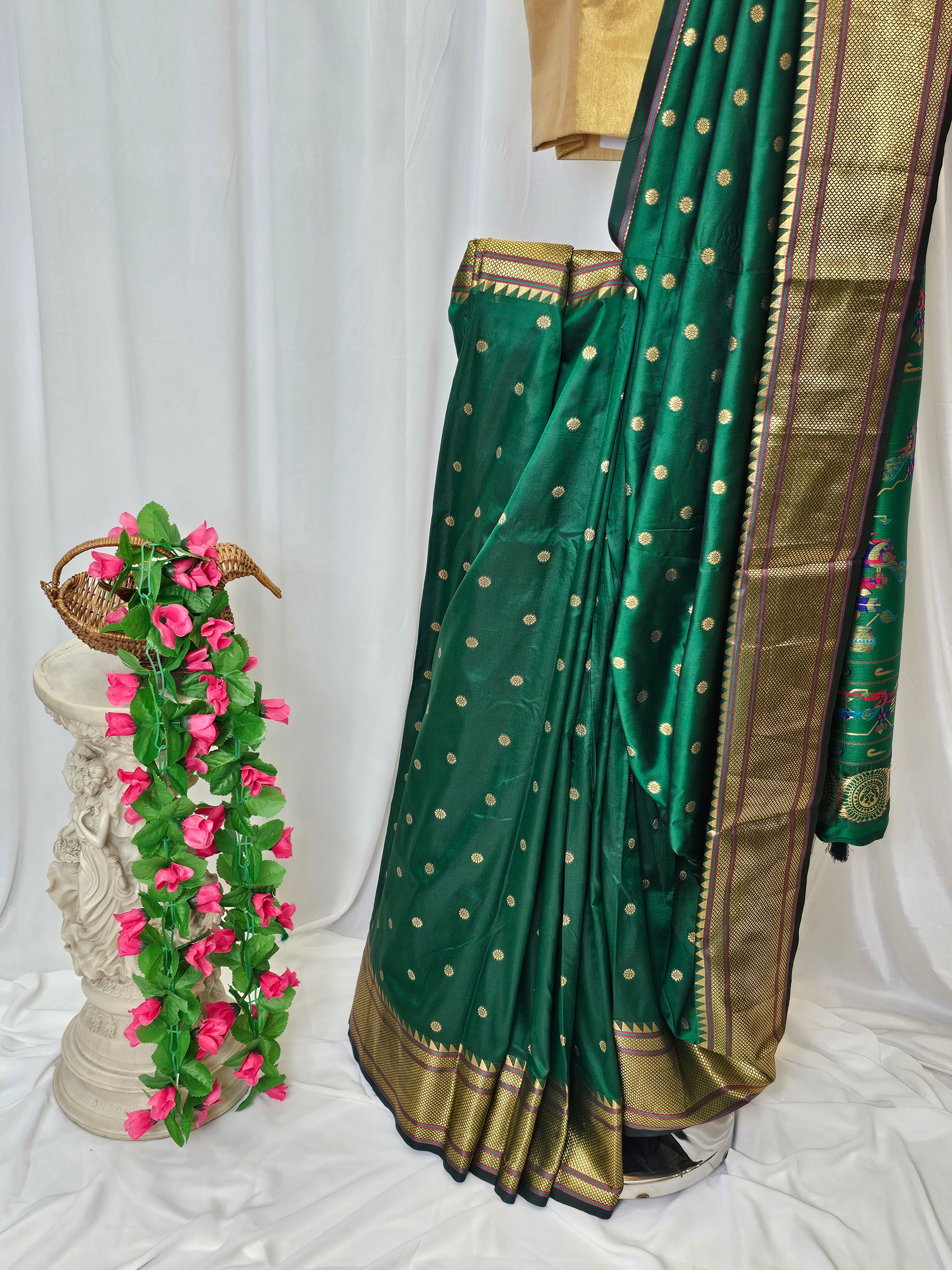 Green Semi-Silk Paithani Saree with Gold Zari Peacock & Narali Border  Traditional Maharashtrian Wedding Saree