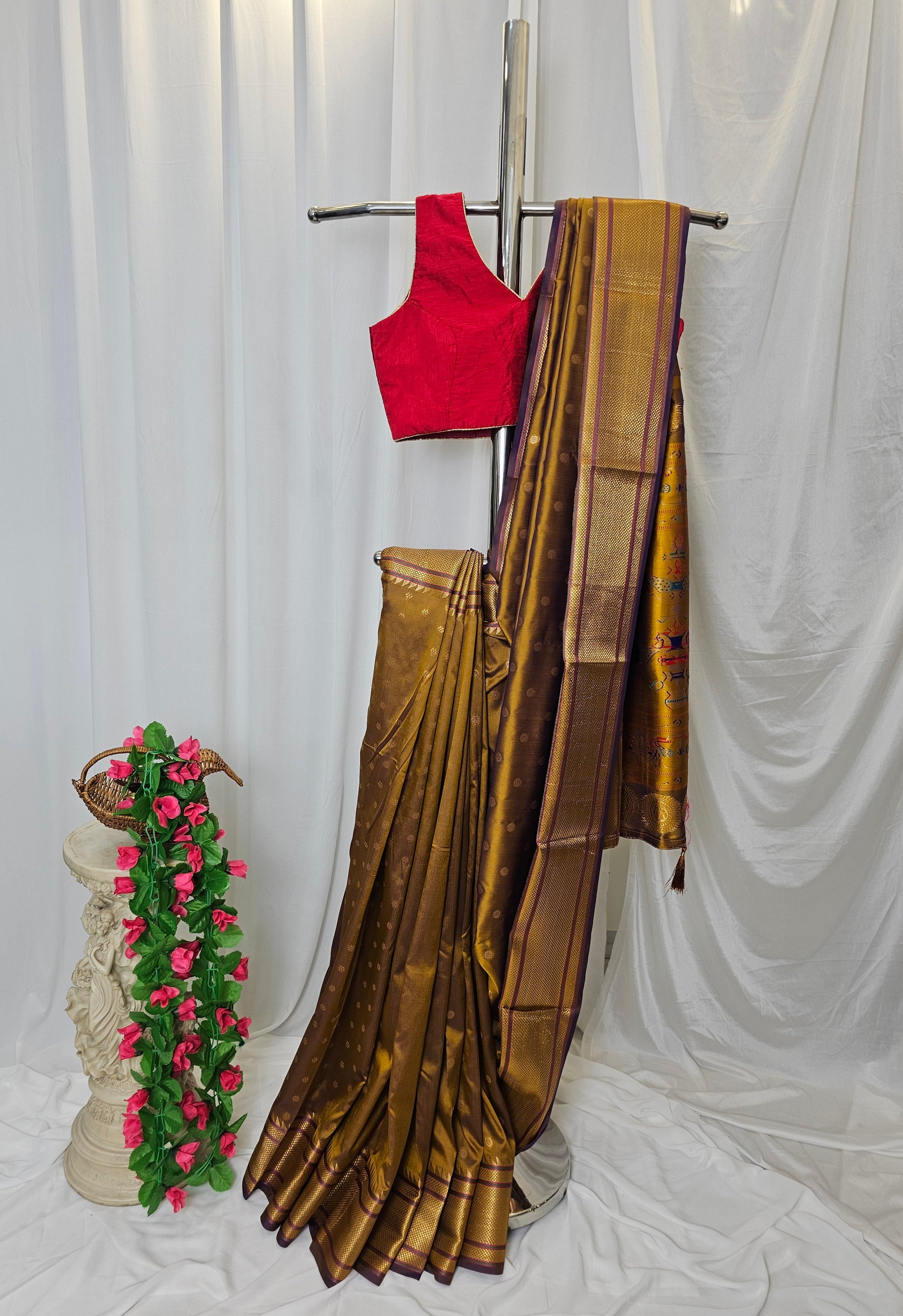 Golden Brown Semi-Silk Paithani Saree with Gold Zari Peacock & Narali Border  Wedding & Festive Wear
