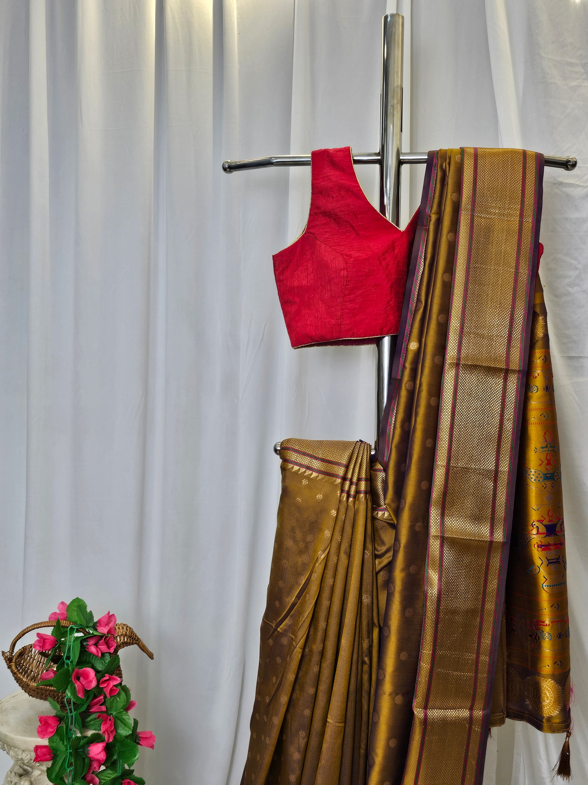 Golden Brown Semi-Silk Paithani Saree with Gold Zari Peacock & Narali Border  Wedding & Festive Wear