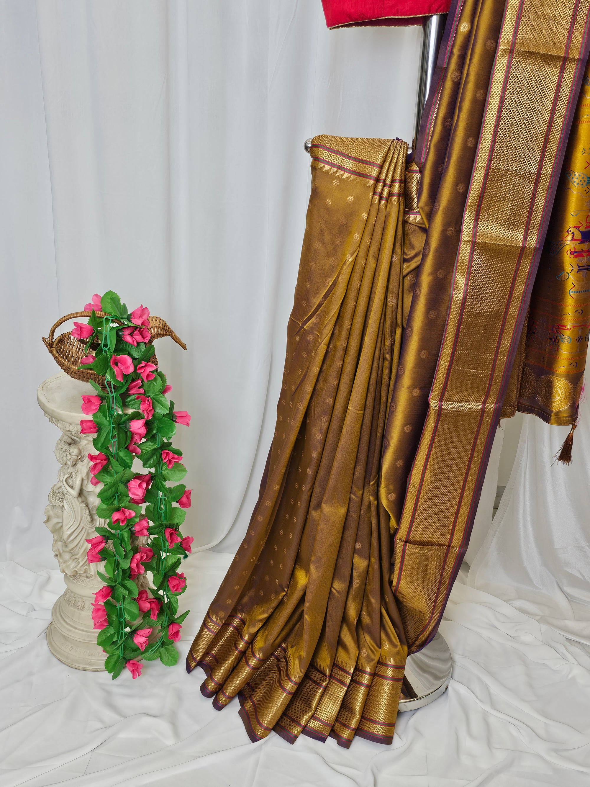 Golden Brown Semi-Silk Paithani Saree with Gold Zari Peacock & Narali Border  Wedding & Festive Wear