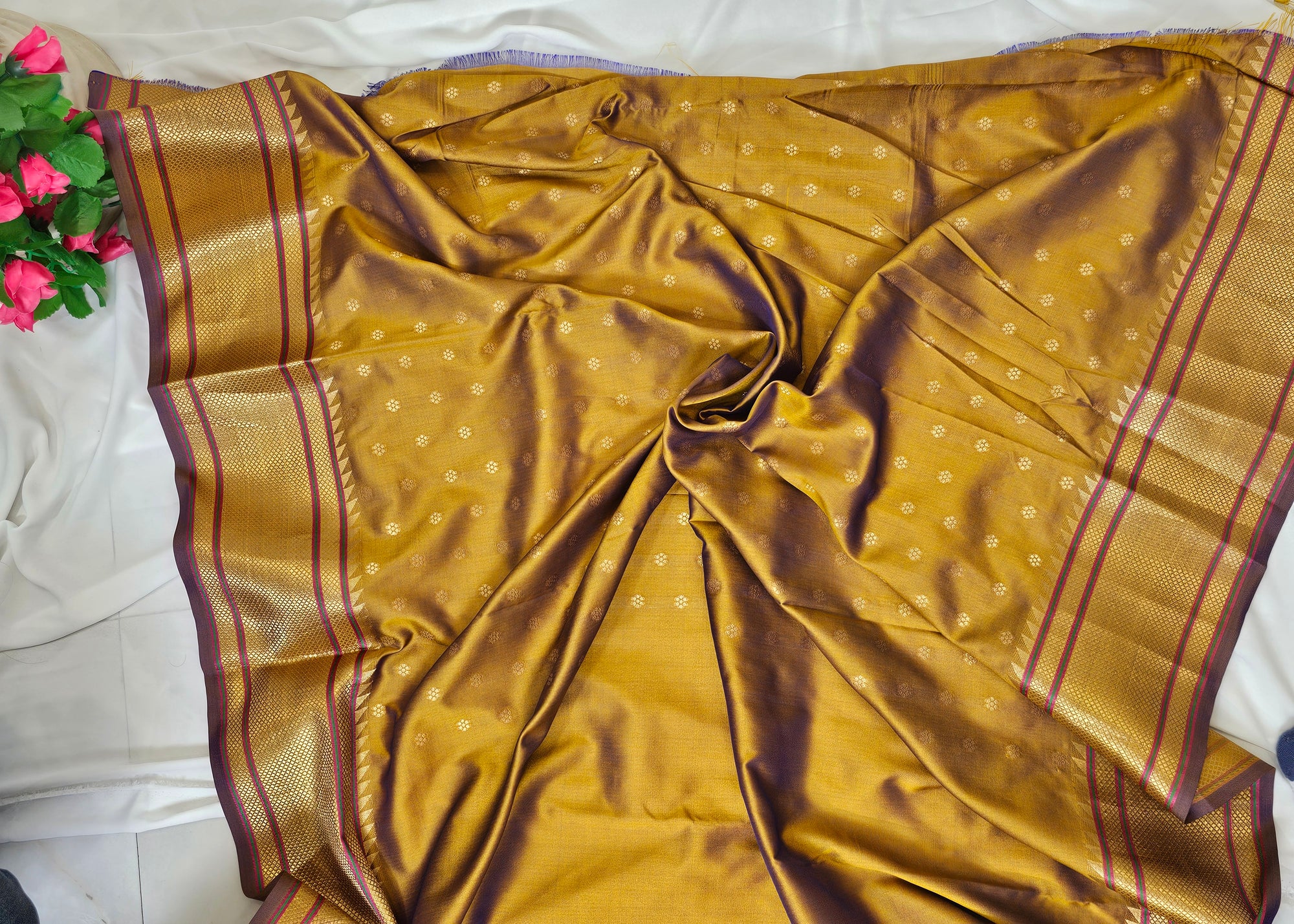 Golden Brown Semi-Silk Paithani Saree with Gold Zari Peacock & Narali Border  Wedding & Festive Wear