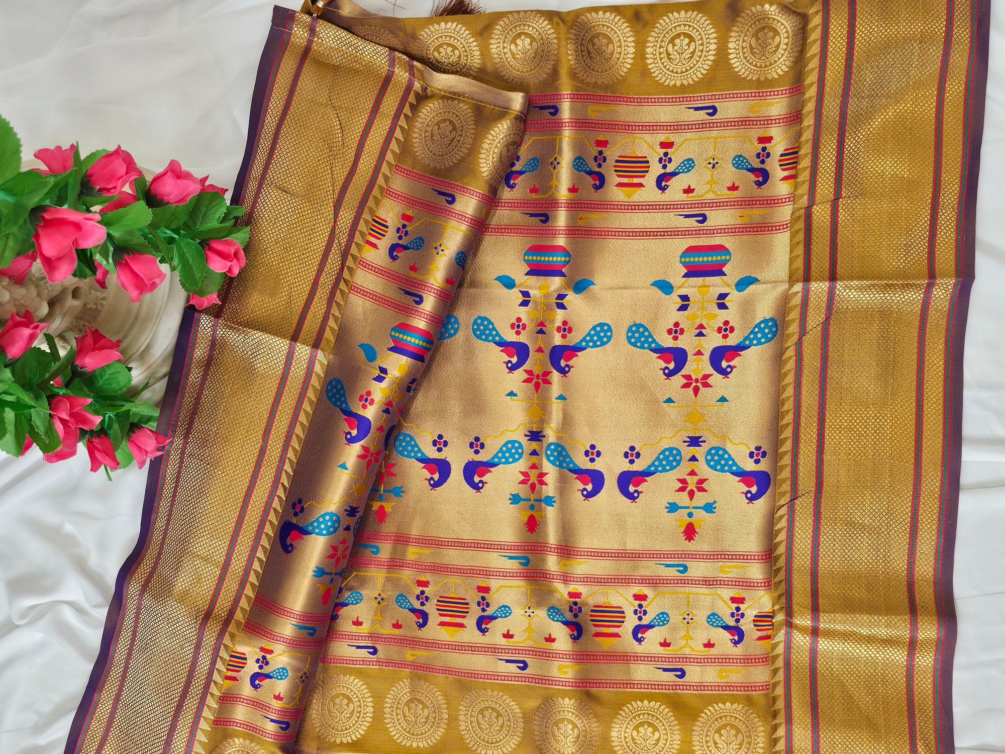Golden Brown Semi-Silk Paithani Saree with Gold Zari Peacock & Narali Border  Wedding & Festive Wear