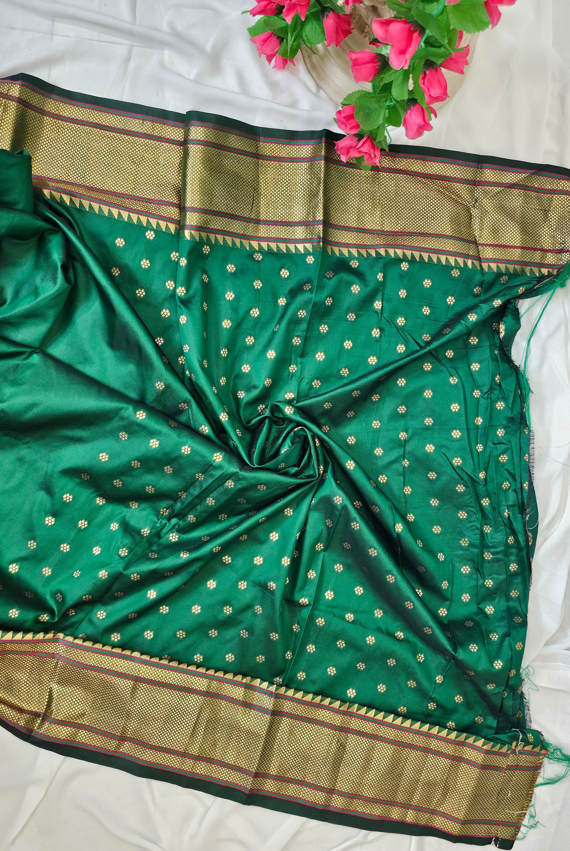 Green Semi-Silk Paithani Saree with Gold Zari Peacock & Narali Border  Traditional Maharashtrian Wedding Saree