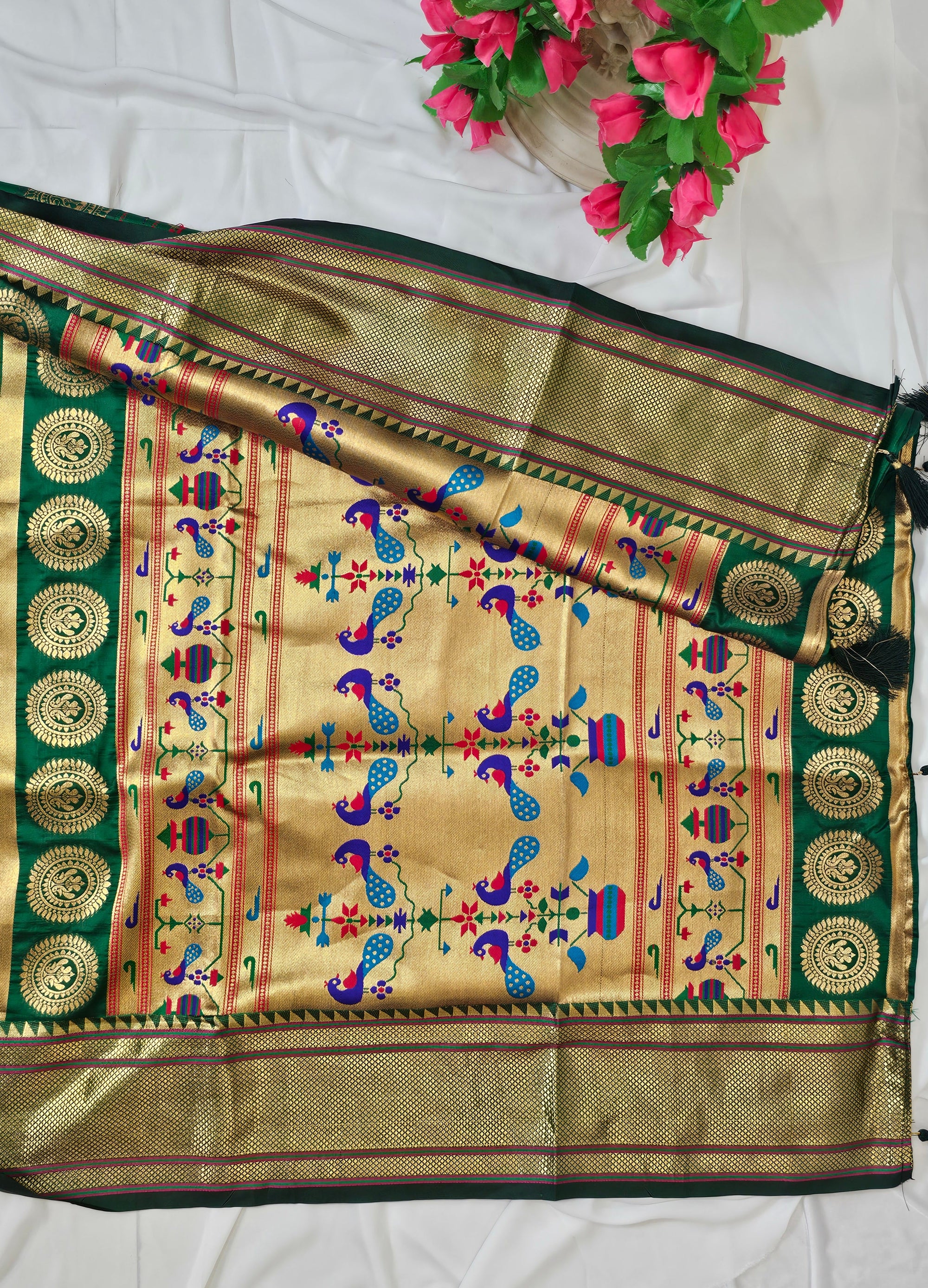 Green Semi-Silk Paithani Saree with Gold Zari Peacock & Narali Border  Traditional Maharashtrian Wedding Saree
