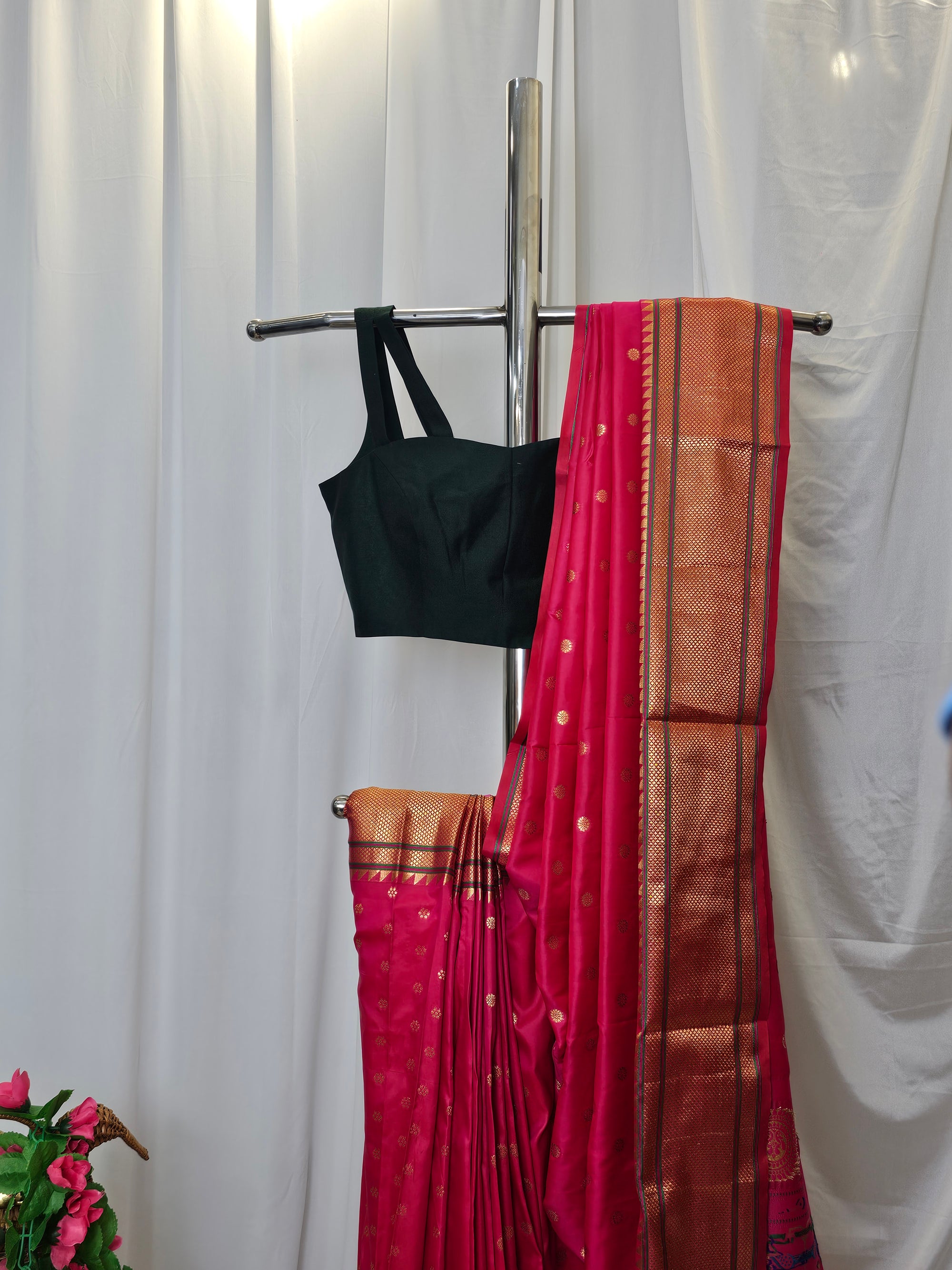 Hot Pink Semi-Silk Paithani Saree with Gold Zari Peacock & Narali Border  Wedding & Festive Wear