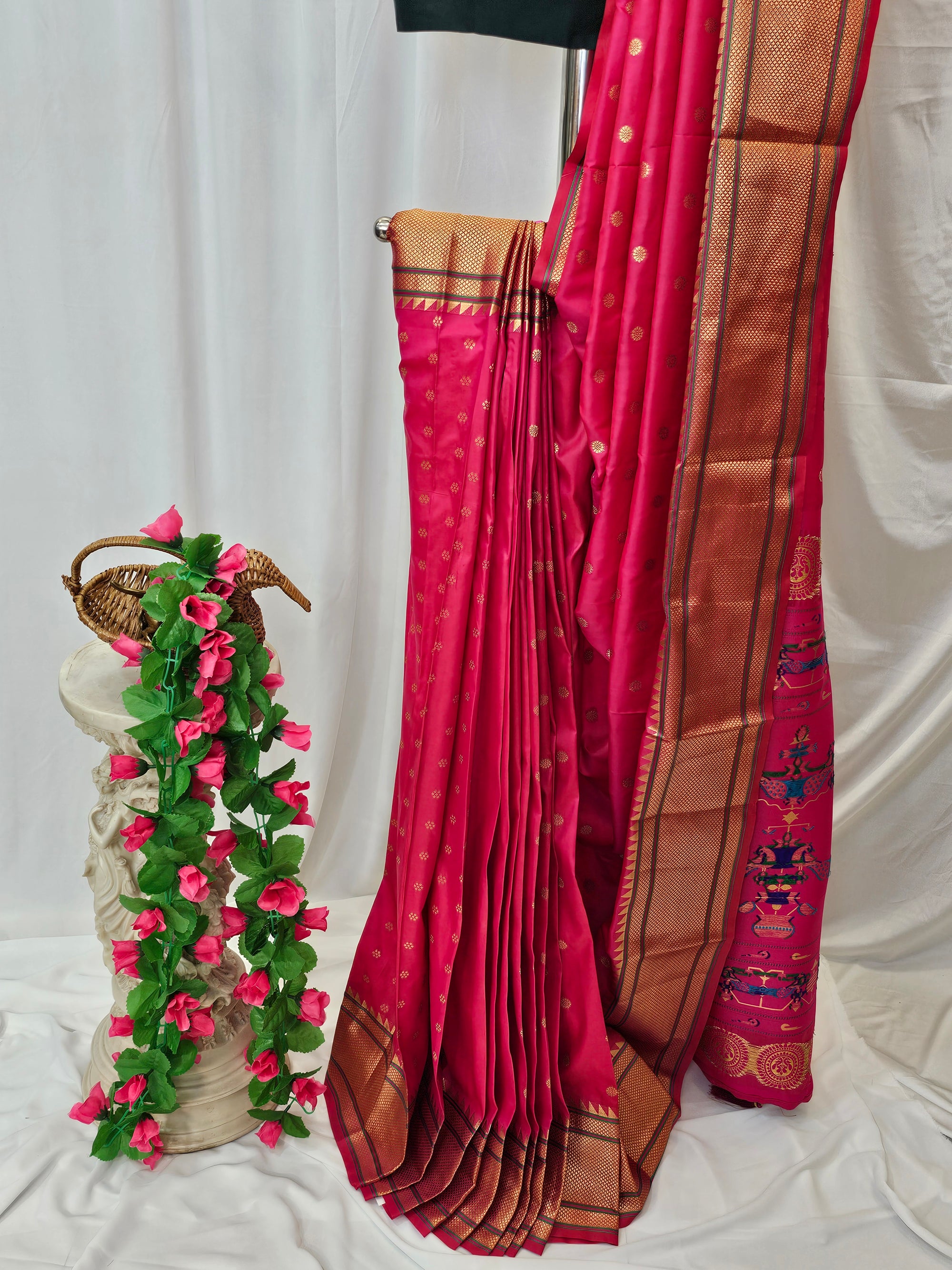 Hot Pink Semi-Silk Paithani Saree with Gold Zari Peacock & Narali Border  Wedding & Festive Wear