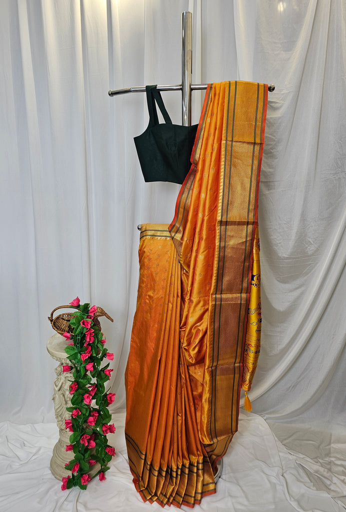 Mustard Yellow Semi-Silk Paithani Saree with Gold Zari Peacock & Narali Border  Wedding & Festive Wear