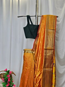 Mustard Yellow Semi-Silk Paithani Saree with Gold Zari Peacock & Narali Border  Wedding & Festive Wear