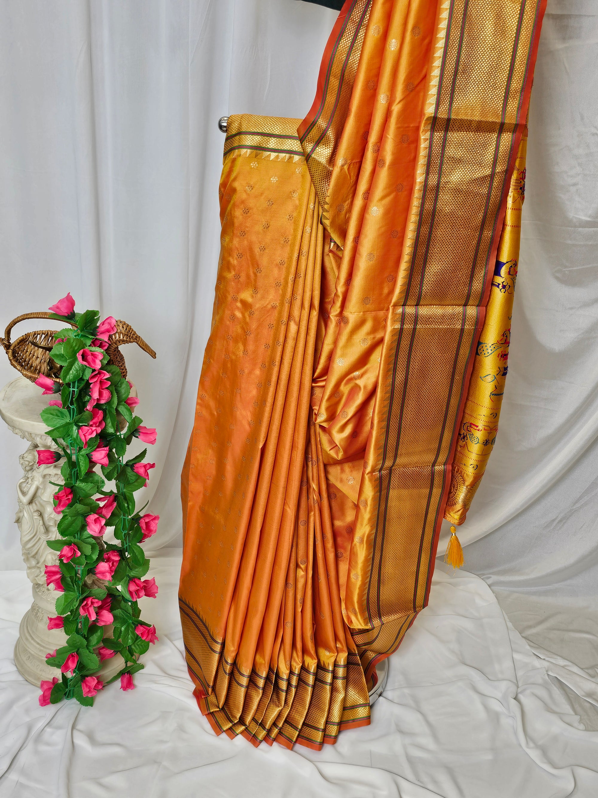 Mustard Yellow Semi-Silk Paithani Saree with Gold Zari Peacock & Narali Border  Wedding & Festive Wear
