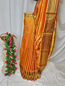 Mustard Yellow Semi-Silk Paithani Saree with Gold Zari Peacock & Narali Border  Wedding & Festive Wear