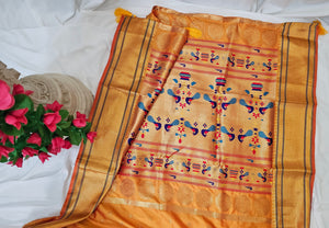 Mustard Yellow Semi-Silk Paithani Saree with Gold Zari Peacock & Narali Border  Wedding & Festive Wear