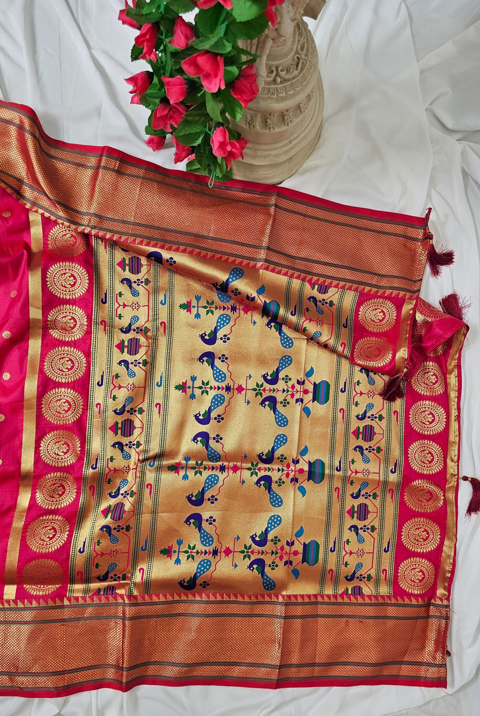 Hot Pink Semi-Silk Paithani Saree with Gold Zari Peacock & Narali Border  Wedding & Festive Wear