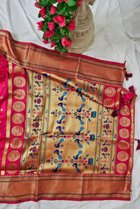 Hot Pink Semi-Silk Paithani Saree with Gold Zari Peacock & Narali Border  Wedding & Festive Wear
