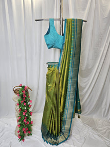 Parrot Green Semi-Silk Paithani Saree with Gold Zari Irkal Border & Tava Pallu  Wedding & Festive Wear