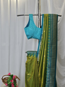 Parrot Green Semi-Silk Paithani Saree with Gold Zari Irkal Border & Tava Pallu  Wedding & Festive Wear