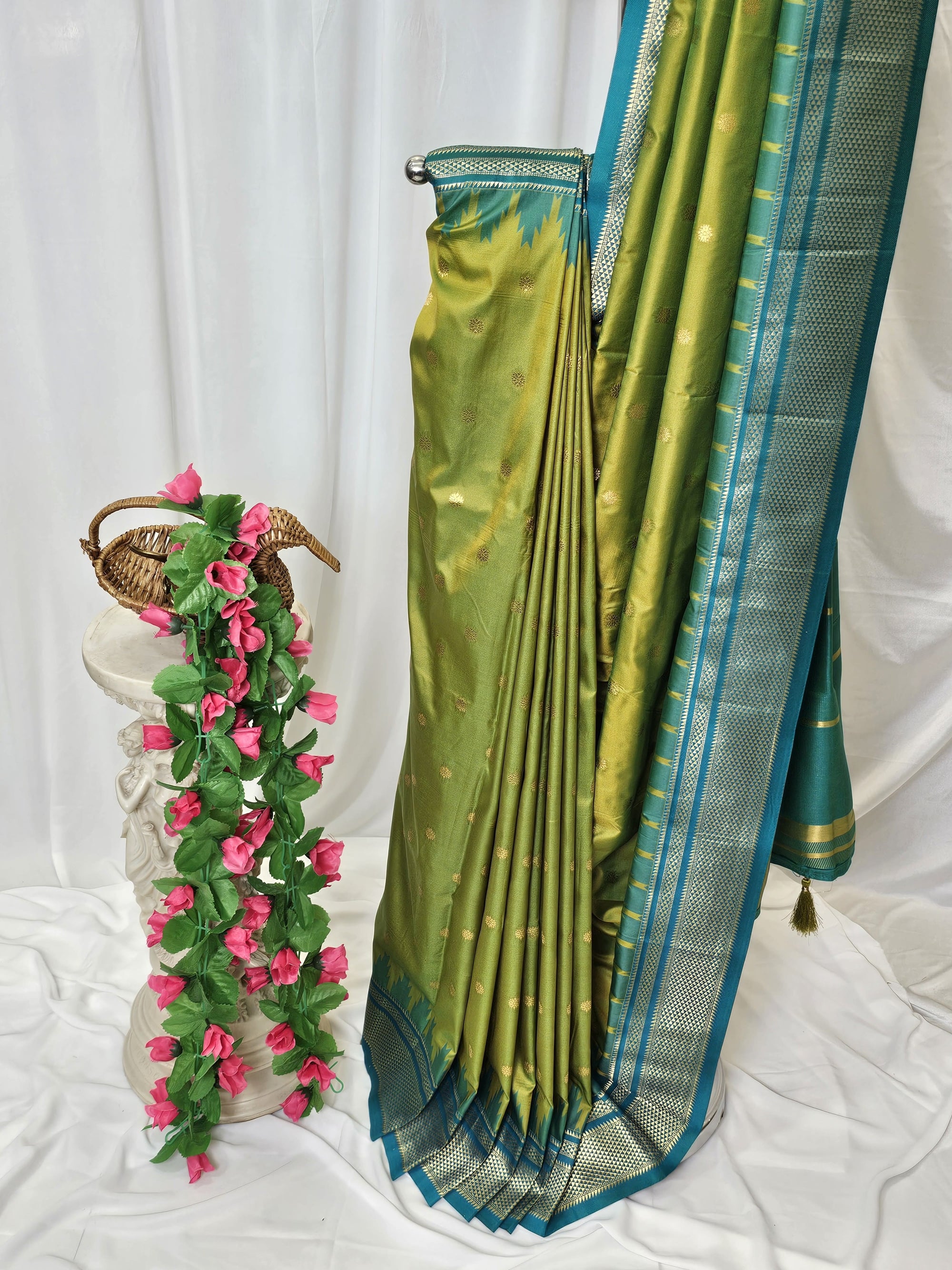 Parrot Green Semi-Silk Paithani Saree with Gold Zari Irkal Border & Tava Pallu  Wedding & Festive Wear