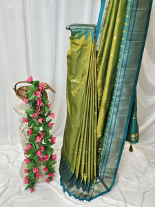 Parrot Green Semi-Silk Paithani Saree with Gold Zari Irkal Border & Tava Pallu  Wedding & Festive Wear