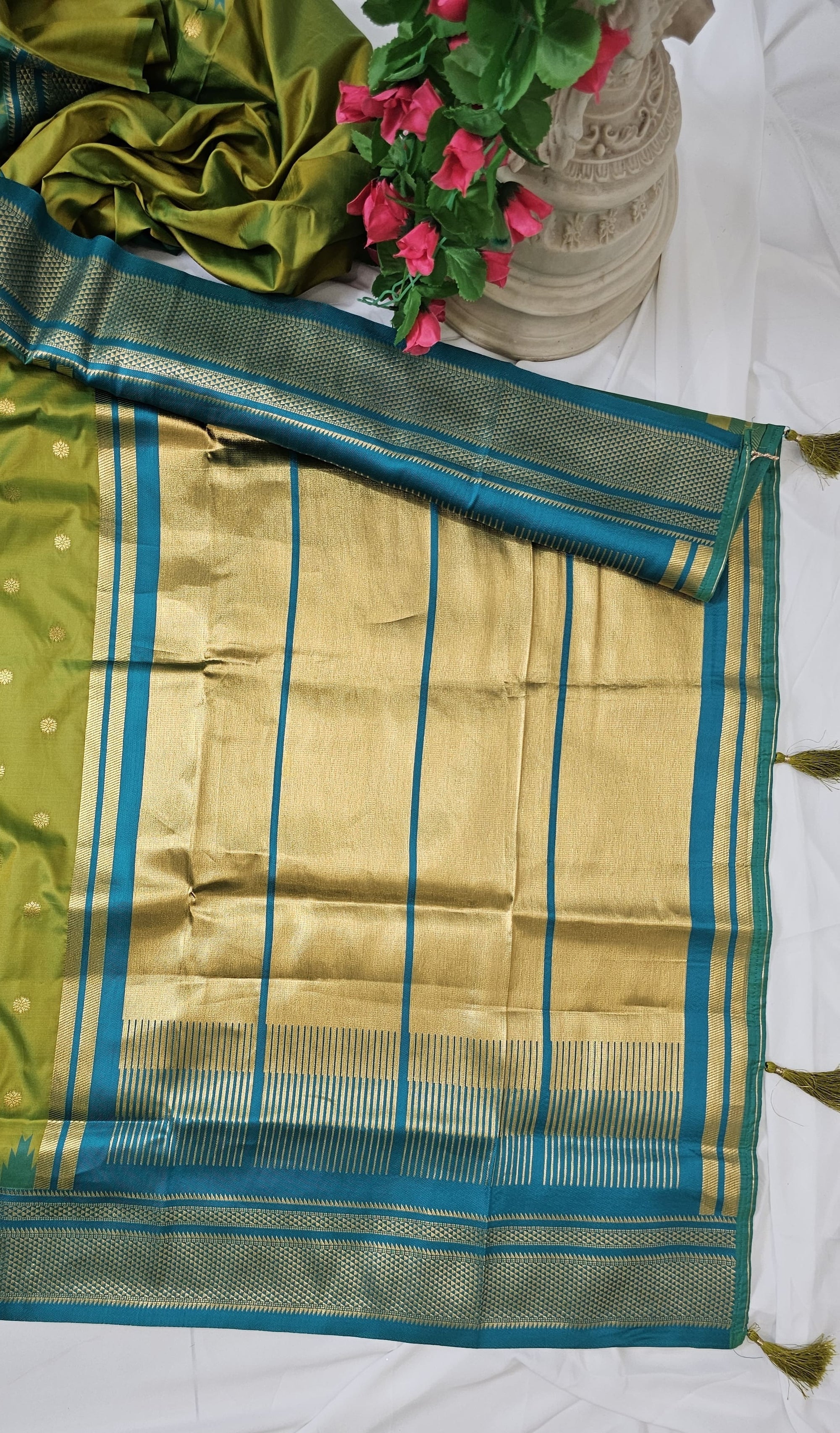 Parrot Green Semi-Silk Paithani Saree with Gold Zari Irkal Border & Tava Pallu  Wedding & Festive Wear