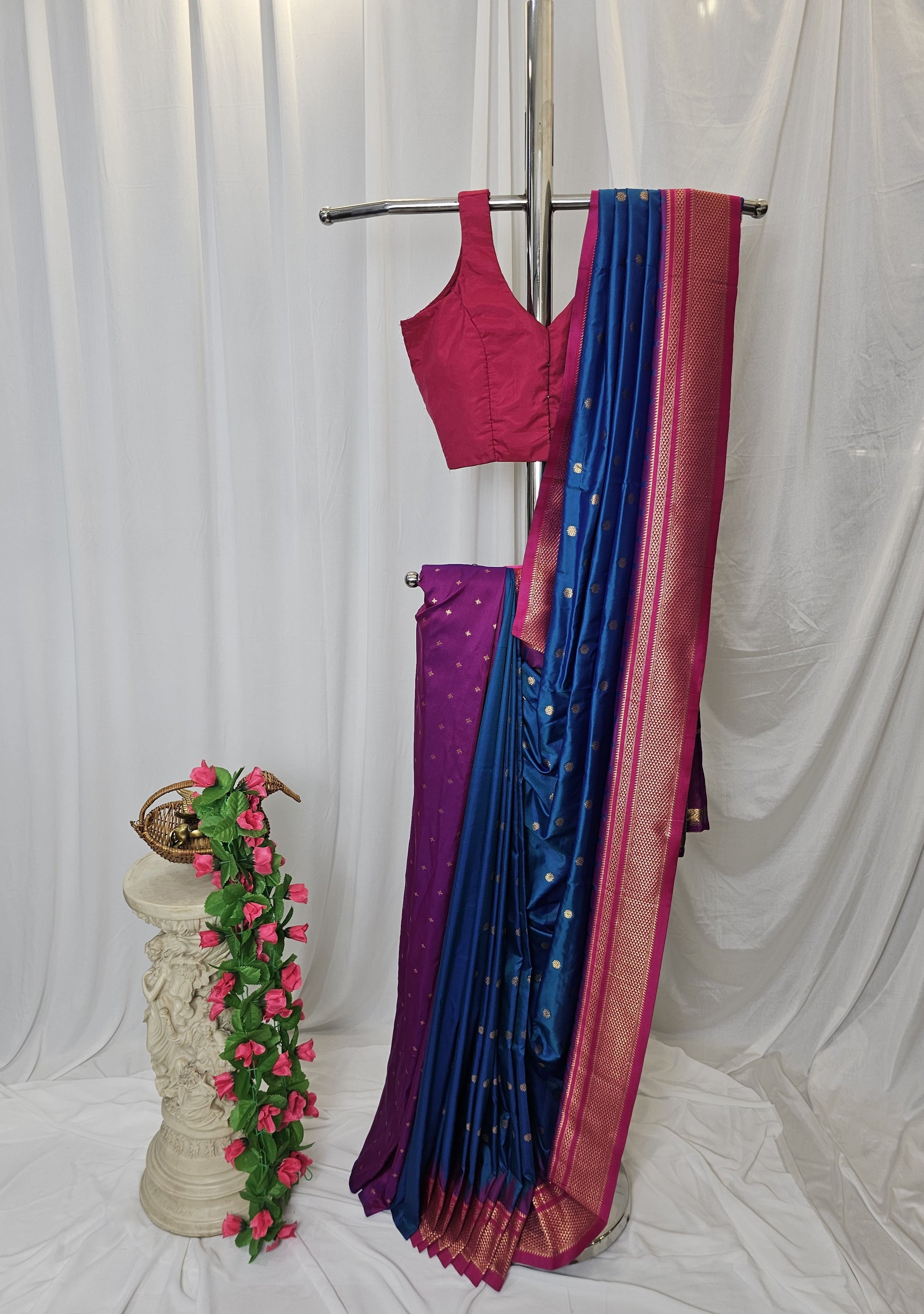 Navy Blue Semi-Silk Paithani Saree with Gold Zari Irkal Border & Tava Pallu  Wedding & Festive Wear