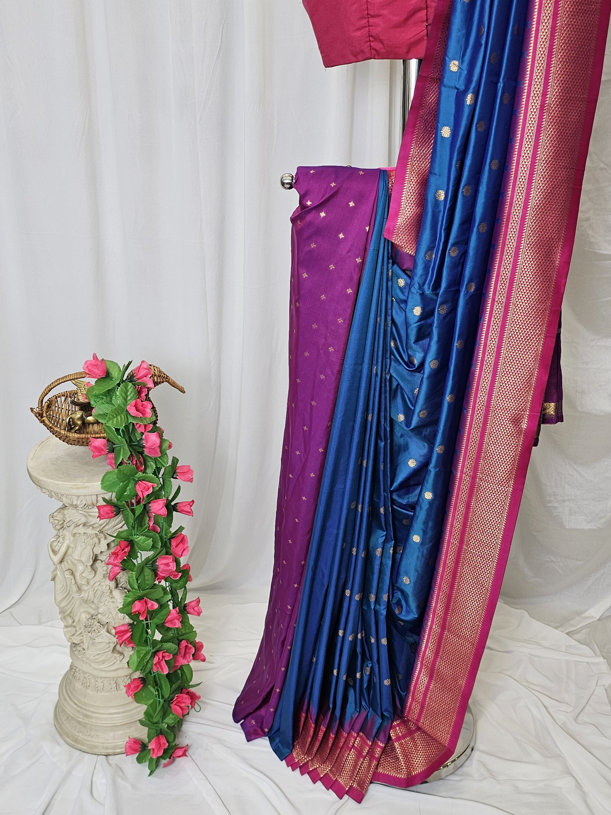 Navy Blue Semi-Silk Paithani Saree with Gold Zari Irkal Border & Tava Pallu  Wedding & Festive Wear
