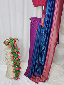 Navy Blue Semi-Silk Paithani Saree with Gold Zari Irkal Border & Tava Pallu  Wedding & Festive Wear