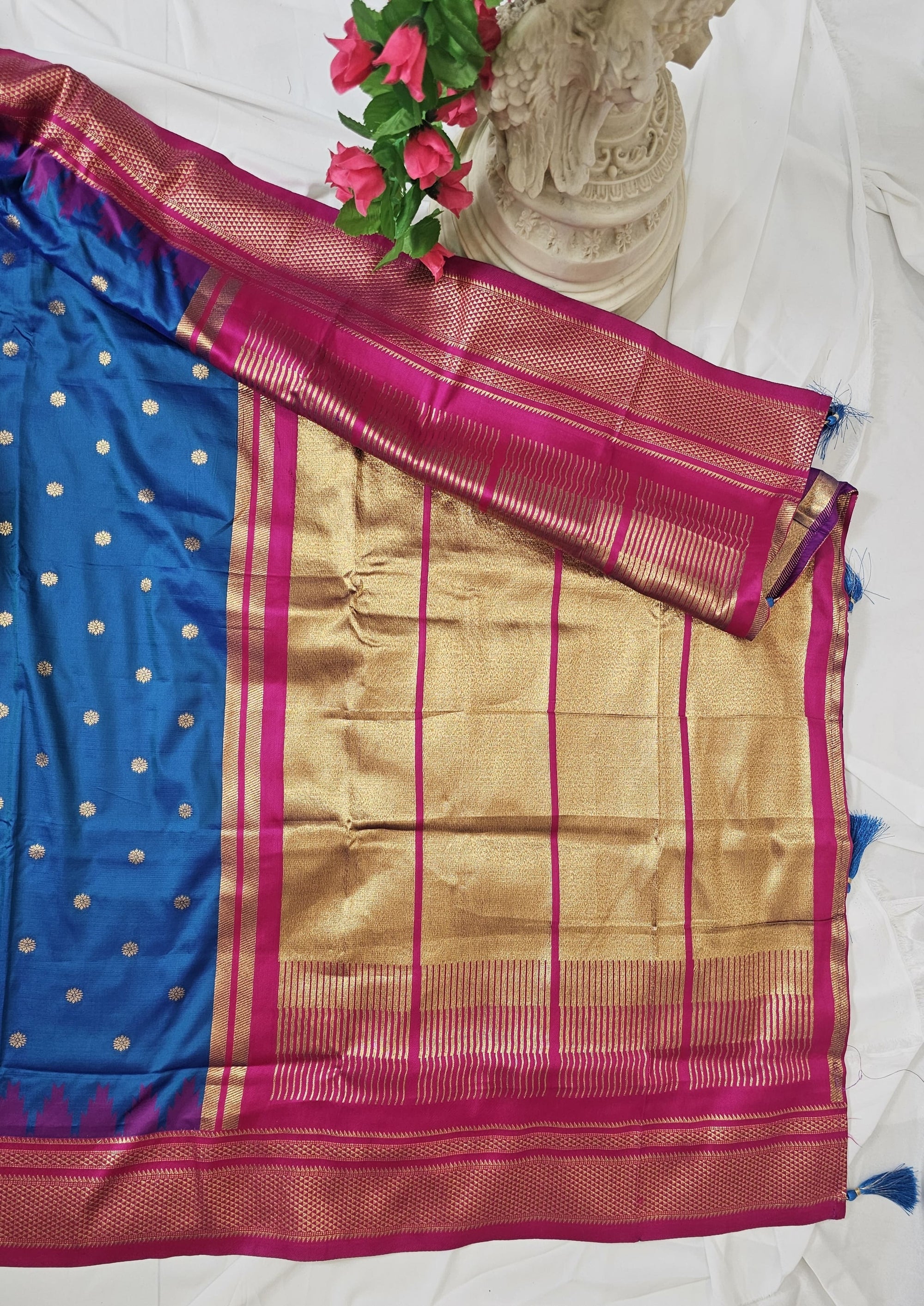 Navy Blue Semi-Silk Paithani Saree with Gold Zari Irkal Border & Tava Pallu  Wedding & Festive Wear