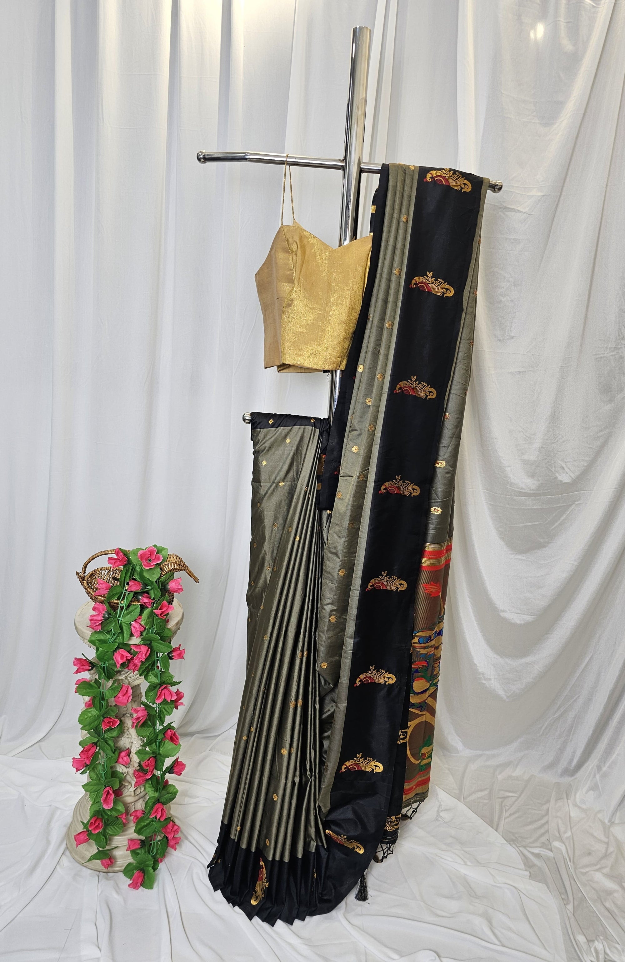 Grey Soft-Silk Paithani Saree with Black Border, Gold Zari Open Border & Peacock Pallu  Wedding & Festive Wear