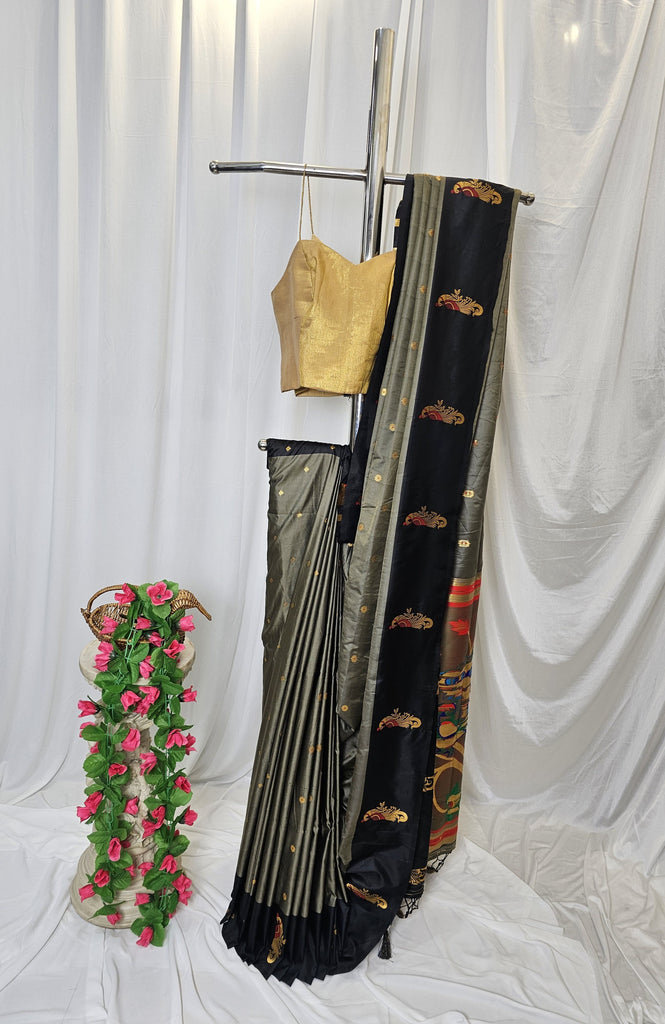 Grey Soft-Silk Paithani Saree with Black Border, Gold Zari Open Border & Peacock Pallu  Wedding & Festive Wear