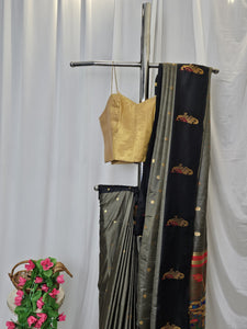 Grey Soft-Silk Paithani Saree with Black Border, Gold Zari Open Border & Peacock Pallu  Wedding & Festive Wear