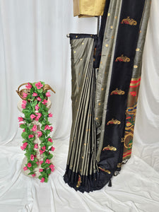 Grey Soft-Silk Paithani Saree with Black Border, Gold Zari Open Border & Peacock Pallu  Wedding & Festive Wear