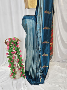 Sea Green Soft-Silk Paithani Saree with Teal Blue Border, Gold Zari Open Border & Peacock Pallu Wedding & Festive Wear