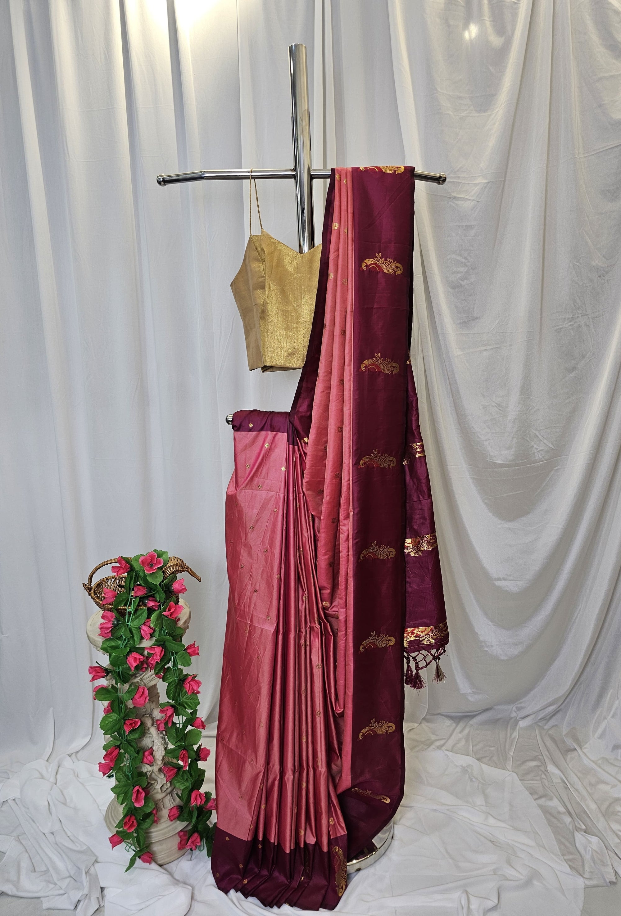Coral Pink Soft-Silk Paithani Saree with Maroon Border, Gold Zari Open Border & Peacock Pallu Wedding & Festive Wear